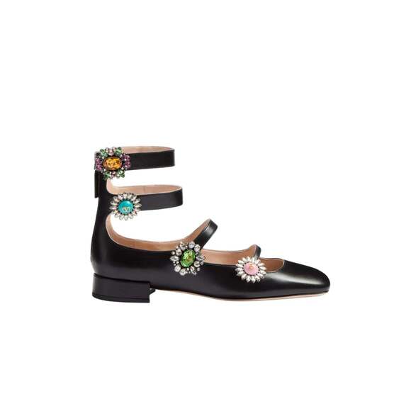 Valentino Shoes - Valentino - Crystal Daisy Embellished Leather Flats - IT 37